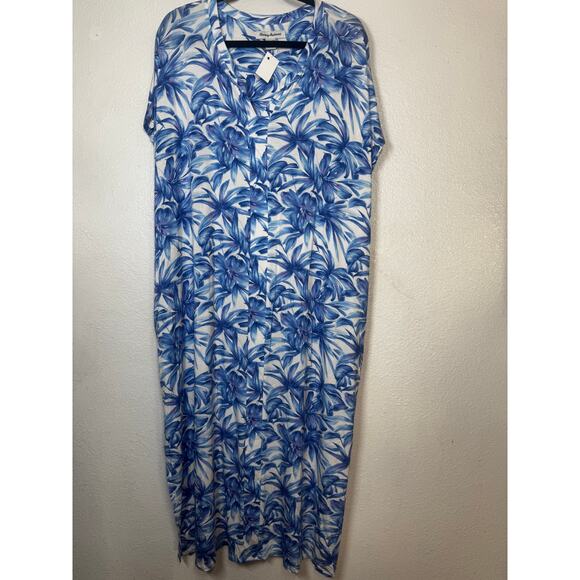 Tommy Bahama Midi Dress Blue White V-Neck Floral Pullover Short Sleeve Sz L/XL - Picture 1 of 3